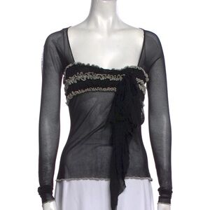 Vintage Jean Paul Gaultier Maille Femme x Fuzzi Sheer Ruffle Top – Black/Grey